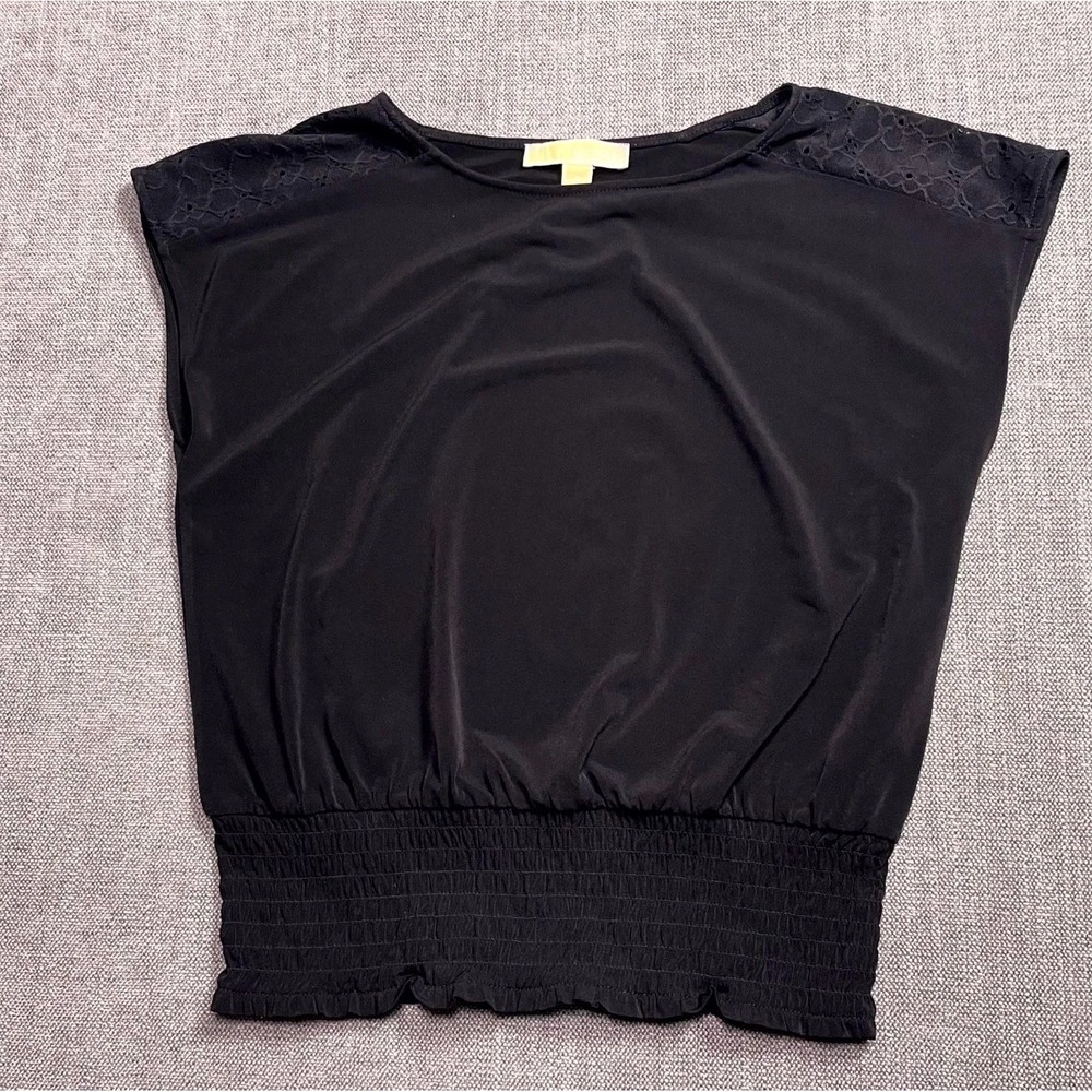Michael Kors Blouse Top Womens Small Black Sleeveless Casual Smocked Elastic Hem